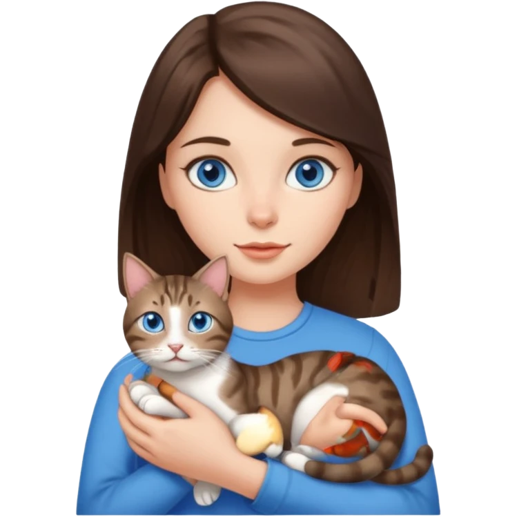 brunette girl with blue eyes holding a tabby cat emoji