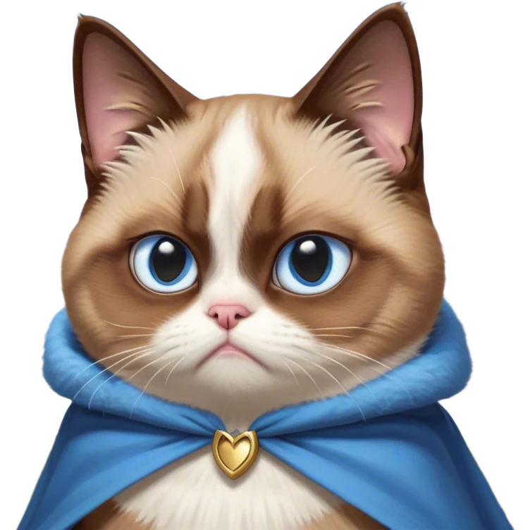 Cinematic Meme-Worthy Grumpy Brown Mantle Snowshoe Cat Portrait Emoji, Head held high but eyes filled with dramatic disappointment, soft brown fur draped like a cape, white paws planted firmly in defiance, signature grumpy cat frown perfectly etched on its face, icy-blue eyes radiating pure disapproval, Simplified yet hilariously over-exaggerated features, highly detailed, glowing with an aura of supreme annoyance, high shine, exhausted yet judgmental, stylized with an almost regal pettiness, bright but brooding, soft glowing outline, capturing the essence of a feline that has seen it all and is thoroughly unimpressed, so meme-worthy it feels like it could instantly become the next viral sensation of grumpiness! emoji