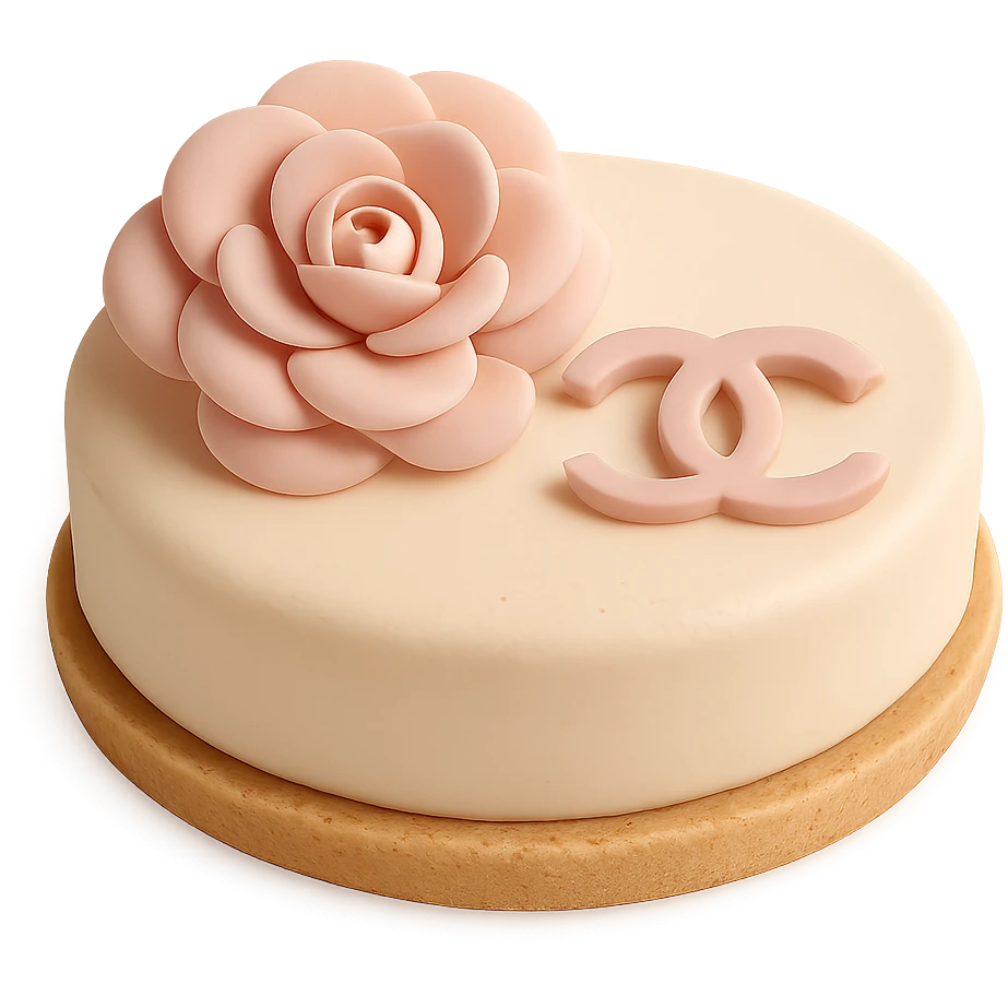 pastel fondant cake art style Chanel tart topped with a pink camellia flower and logo emoji