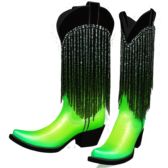 Realistic pastel lime green to black ombre pair of fashion cowgirl boots with sparkly shiny glitter fringe on them. emoji