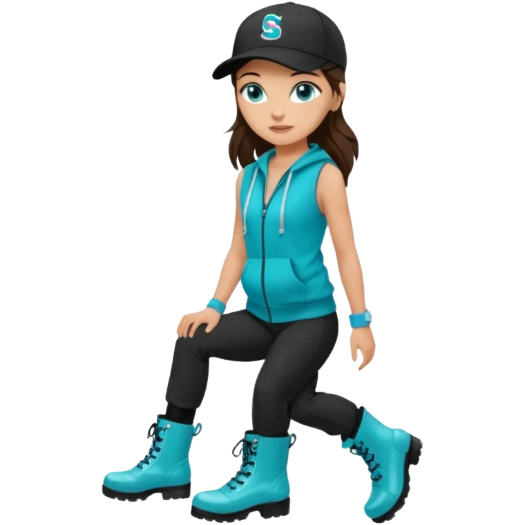 A landscaper in a beautiful turquoise hoody and turquoise rubber boots, black pants, and a black sleeveless shirt. On her head is a black color Swissotel baseball cap. The girl is a brunette with blue eyes. emoji