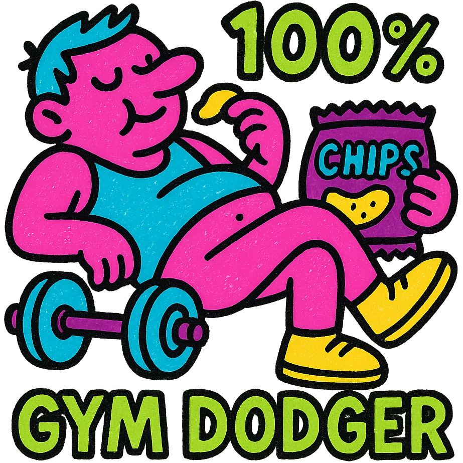 one man at the gym, totally avoiding exercise, 100% gym dodger, lounging or eating snacks, exaggerated and humorous, icon style, vibrant colors, no yellow emoji