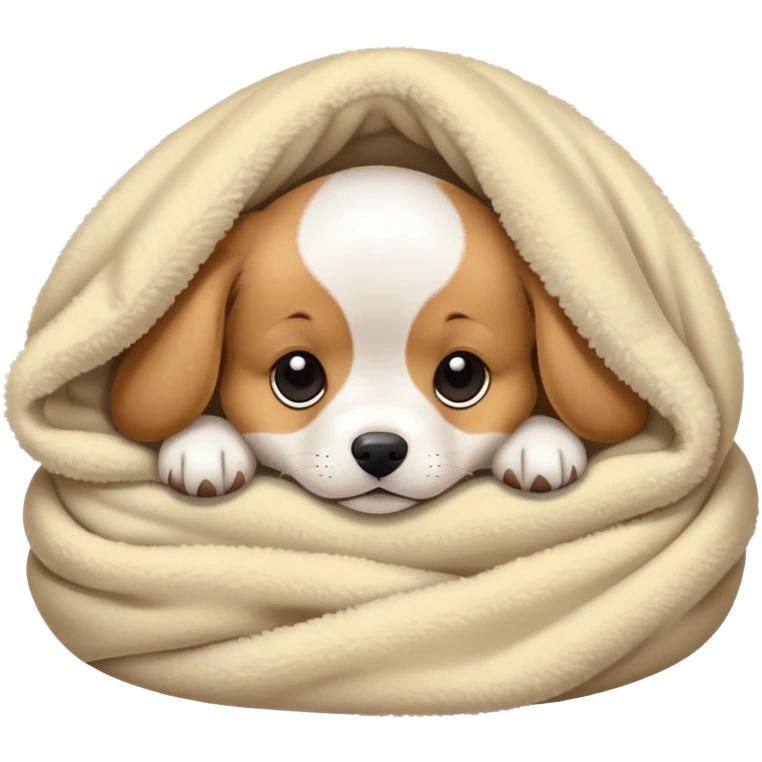 cute puppy curled up in a blanket, cozy and sleepy emoji