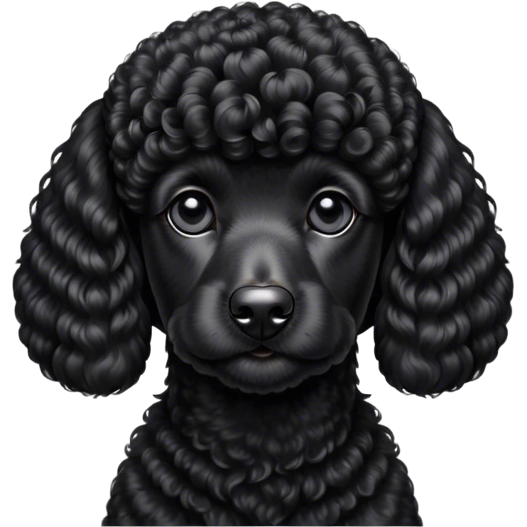 Cinematic Noble Black Poodle Portrait Emoji, Poised and regal, with a refined, elegant build and a meticulously groomed, curly jet-black Fur, deep-set soulful dark eyes, Simplified yet sharp and sophisticated features, highly detailed, glowing with a soft, dignified glow, high shine, intelligent and graceful, stylized with an air of sophistication, focused and attentive, soft glowing outline, capturing the essence of a watchful and confident companion, so majestic it feels as though it could prance out of the screen with effortless authority! emoji