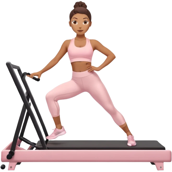 Mixed-race athletic woman with caramel skin, wearing pastel pink sports bra and leggings, doing Pilates on a reformer machine emoji