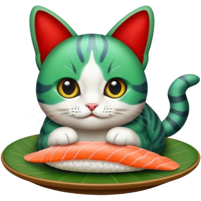 emoji di un gatto che tiene del sushi in mano, è verde con gli occhi azzurri ed un papillon rosso emoji