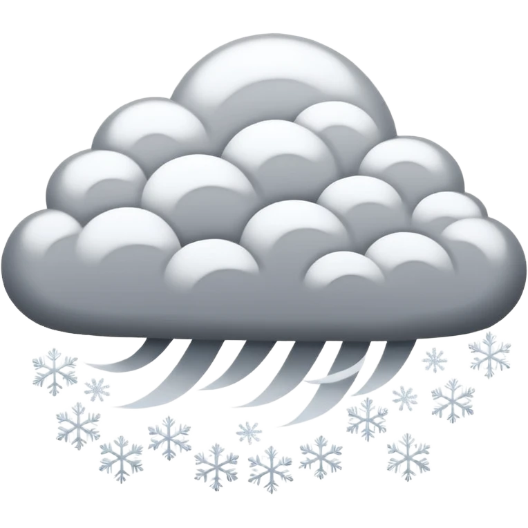 A powerful blizzard emoji icon: storm cloud with heavy swirling snow, strong wind lines, flying snowflakes, dynamic motion. White and gray tones, bold but simple shapes. emoji
