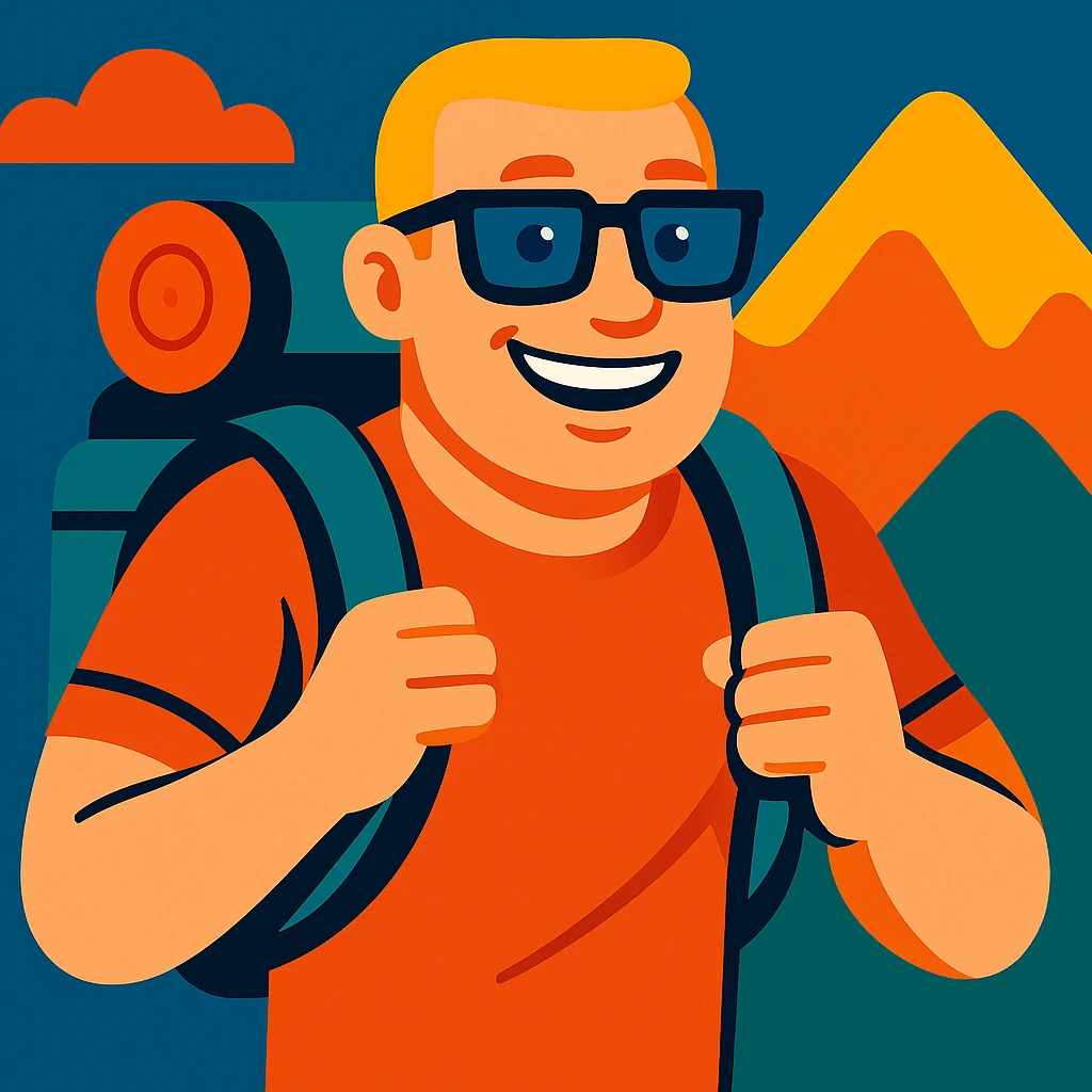 Make the bold man smile, keep the vibrant toon style, squared dark glasses, blue eyes, traveler with backpack. emoji
