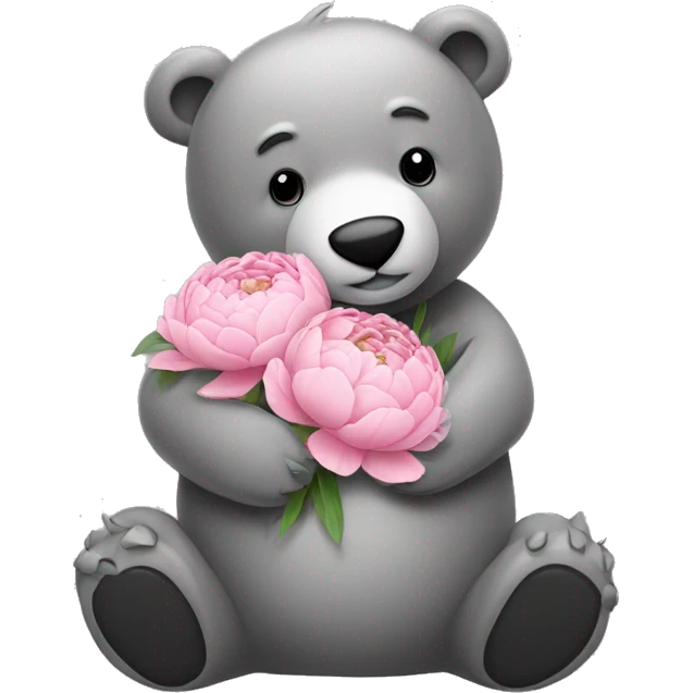realistic-happy-grey-bear-hugging-peony emoji