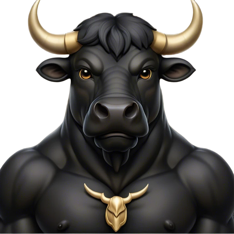 Cinematic Noble Black Bull Portrait Emoji, Poised and regal, with a massive, muscular build and a sleek, well-groomed pure black hide, deep-set soulful dark eyes, Simplified yet sharp and sophisticated features, highly detailed, glowing with a soft, dignified glow, high shine, intelligent and formidable, stylized with an air of strength, focused and attentive, soft glowing outline, capturing the essence of a watchful and confident guardian, so majestic it feels as though it could charge out of the screen with effortless authority! emoji