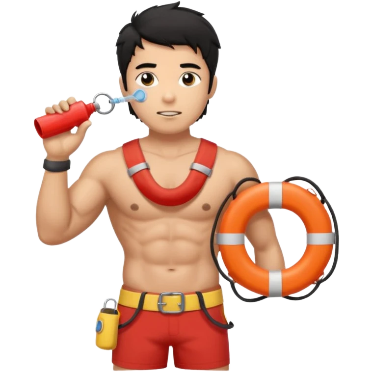 Shirtless Dark Tan Muscular lifeguard with messy black hair with whistle hand, life preserver emoji
