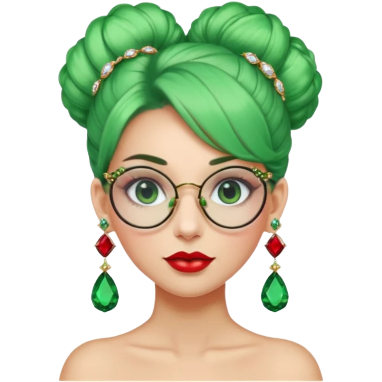 gem lover woman with gem accessories excessive amount gem glassess very big gem earrings green bun hair and red diamonds emoji