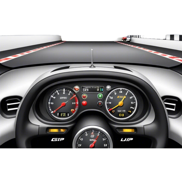 An icon showing a racing game interface, inspired by Grand Turismo. The design features a garage with a selection of high-performance cars, along with race track visuals in the background. Speedometer, lap timer, and other HUD elements add to the excitement. Transparent background emoji