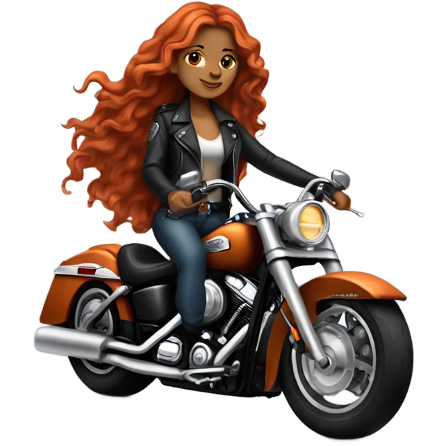 Very tan long red wavy hair riding her Harley Davidson motorcycle in her leather emoji
