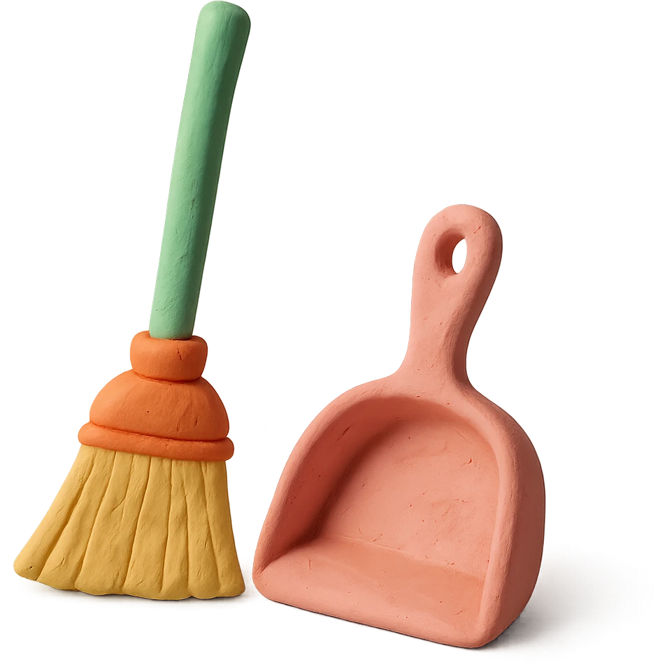 broom and dustpan in playful arrangement, pastel palette, claymation style emoji