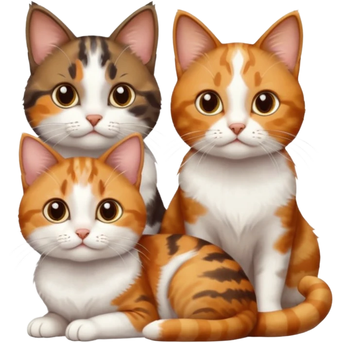 3 different coloured small cats including a dark brown tabby and white, and a patchy calico, and a ginger and white emoji