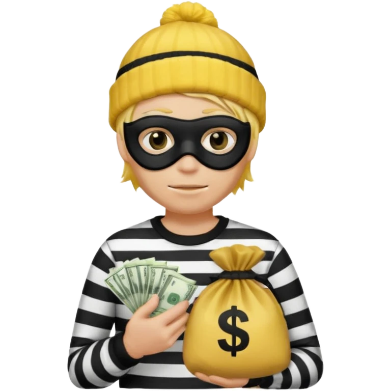 A yellow guy with a black beanie white black striped shirt a black mask for it's eyes and holding a money bag with yellow hair emoji