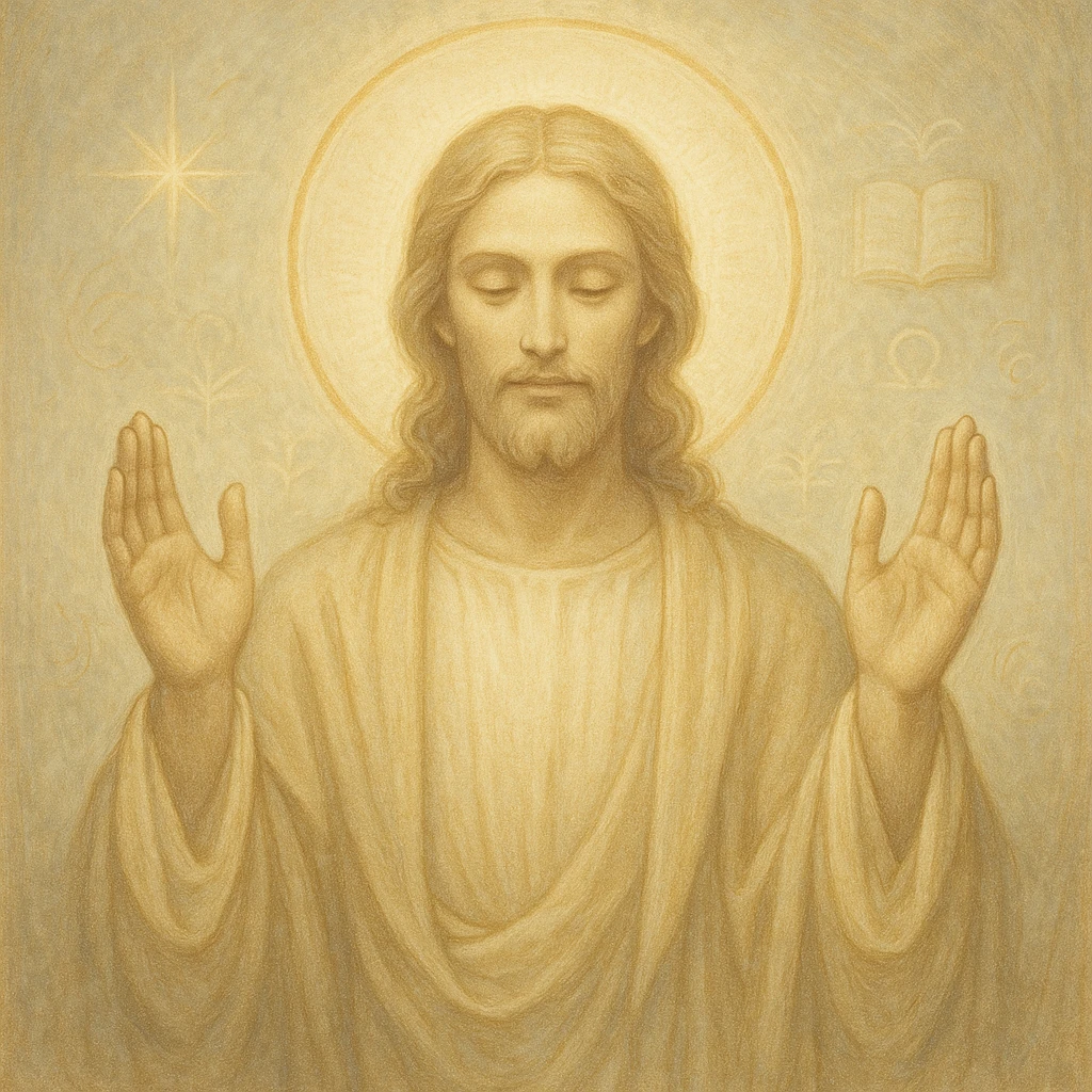 Christ Guardian of Mind, serene radiant figure with gentle halo, hands raised in gesture of protection, surrounded by soft light and subtle symbols of wisdom, spiritual and uplifting style emoji