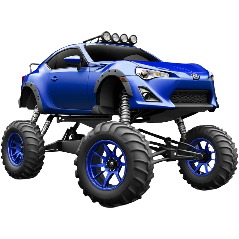 LCG Armored Dirty raced redneck jacked 2013 scion fr-s ultramarine off road 4wd monster truck style Baja dessert stadium rock racer number 86 with sophisticated long travel swing arm suspension, shiny silver wheels, exaggerated wide black fender flares and trailer  emoji