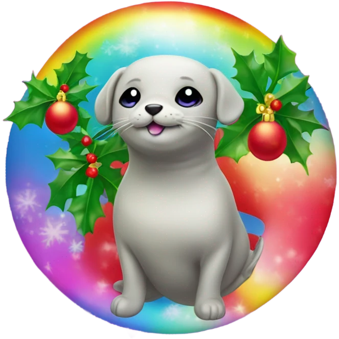 Lisa frank rainbow seal with Christmas holly  emoji