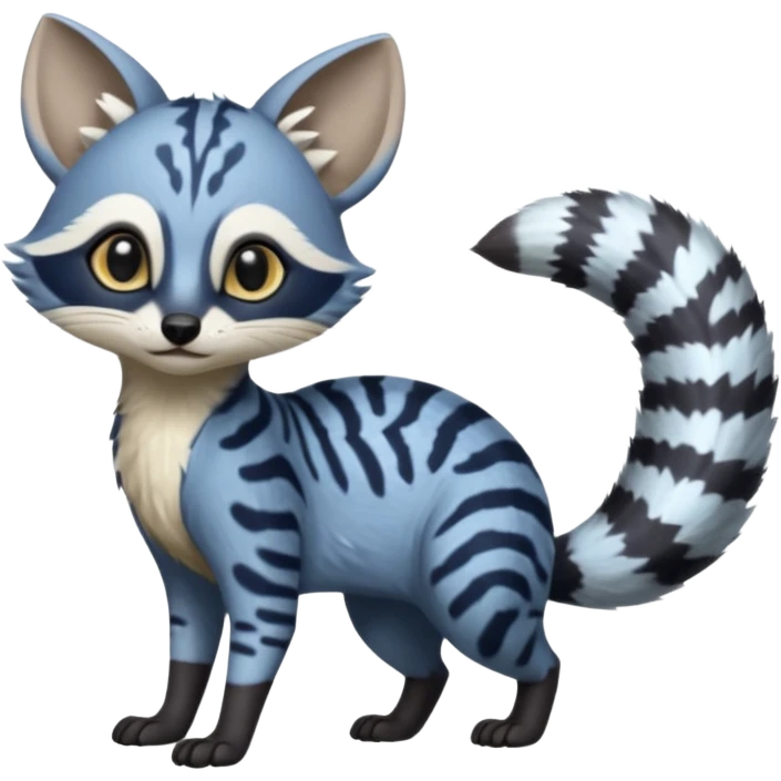 Snowy frosty Snow-lane derpy cute scary spooky graceful dark-blue-pointed Civet-Genet-Numbat-Ocelot--Ocicat-hybrid-fusion, full body, tufted short tail, long big ears, short muzzle, whiskers, random markings emoji