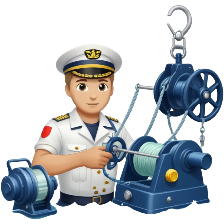 Russian sailor operating a winch with oceanographic equipment, sonar devices, water samples, and ocean waves emoji