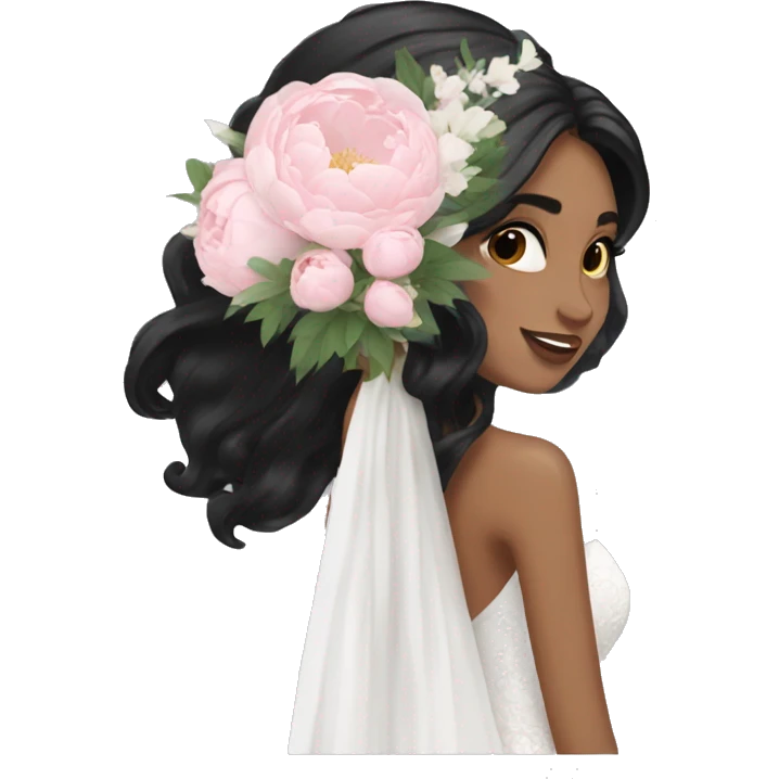  bride with long black hair and with white and pink peonies bouquet in hand  emoji