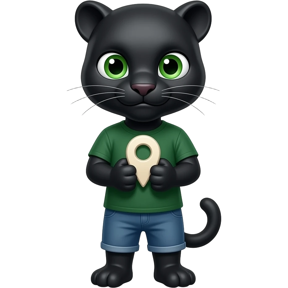 real Black panther with green eyes holding a location pin in its hands whit a darkgreen tshirt emoji