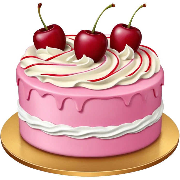 Round pink frosted cake with textured buttercream sides, placed on a gold cake board.
White whipped cream swirls on top, each topped with glossy red cherries with stems, clean studio lighting, isolated background, realistic minimal emoji-style. emoji