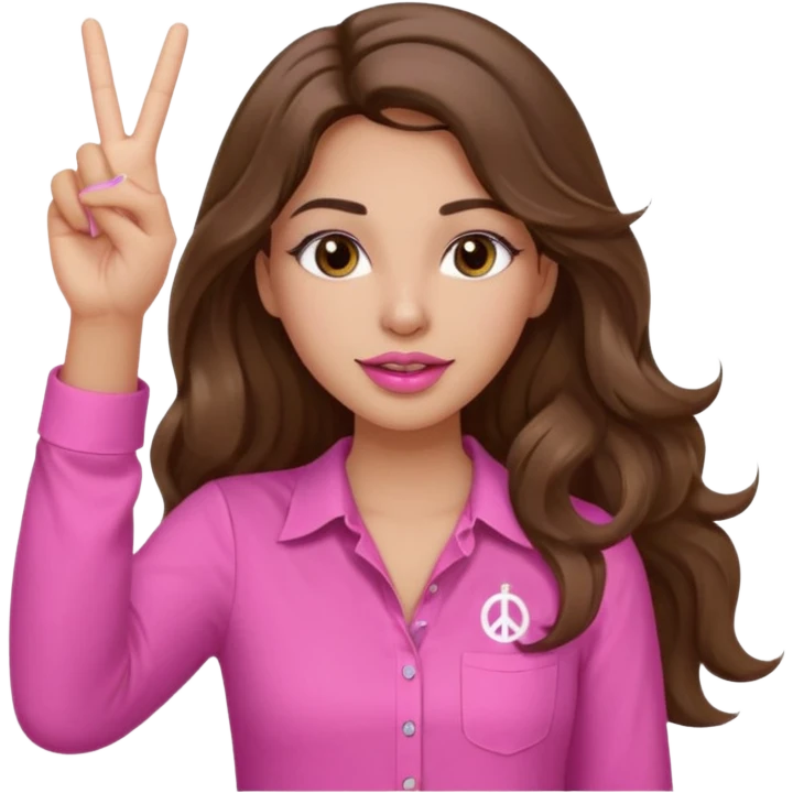 girl with long wavy brown hair, brown eyes, light to medium complexion, in a pink shirt, pink lips, long lashes, puckered lips, both hands in teh air emoji