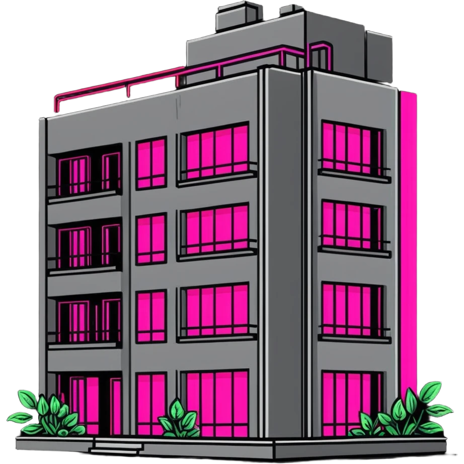 Soviet-era concrete panel apartment building with bright neon pink glow from a window where plants are growing emoji