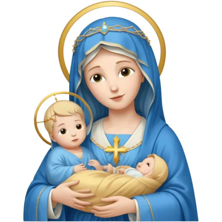 Virgin Mary in blue with gold halo holding baby Jesus emoji