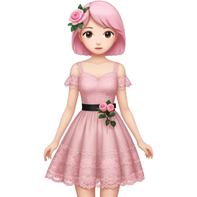 pastel anime woman with pink roses lace dress full body emoji