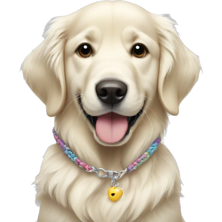 White golden retriever wearing a friendship bracelet emoji