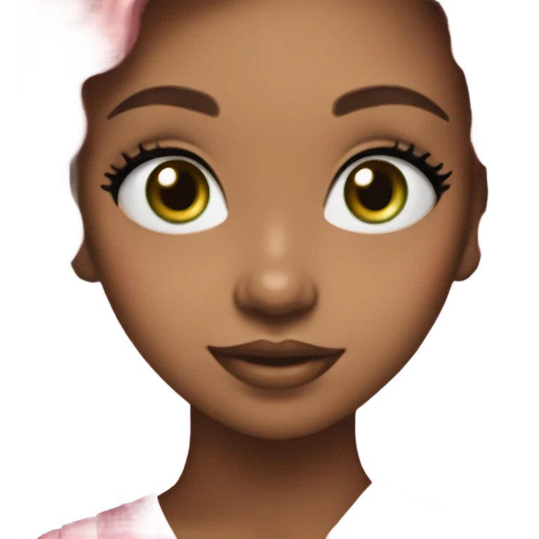 girl with brown hair and green eyes wearing a pink bow in her hair and she is smiling, she has white glitter eyeshadow emoji
