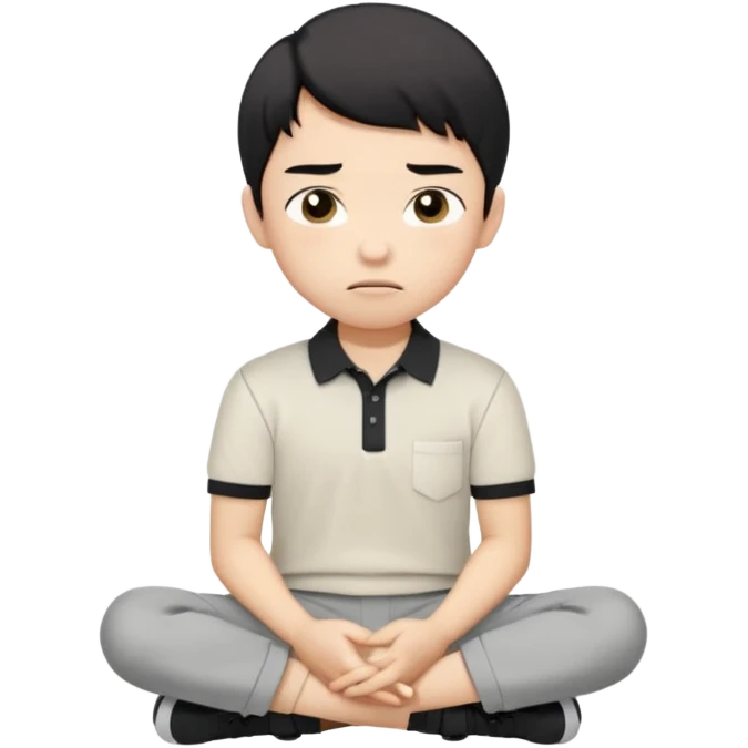 A cartoon young Asian boy with short black hair, light beige skin, and large expressive eyes, wearing a white polo shirt, gray pants, and black shoes. He sits cross-legged on the ground, one fist resting on his cheek, with a closed-mouth smirk. Clean lines, flat colors, solid black background. emoji