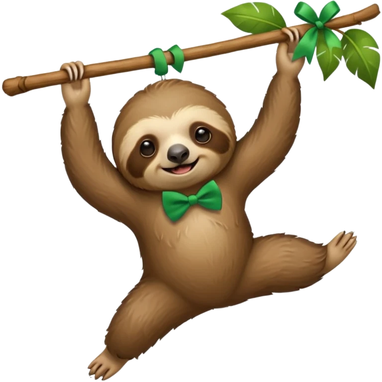 cute swinging Sloth on stick, green bow tie emoji