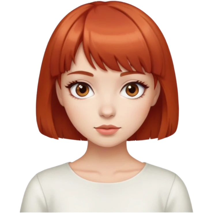 chica con cabello corto y flequillo rojo, ojos café, top blanco y maquillaje suave cute emoji