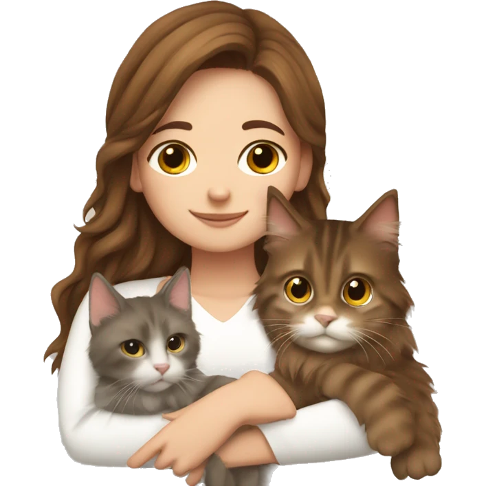 Girl with brown hair cuddling Maine coon cat emoji