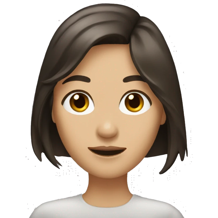 brunette woman with dark brown eyes, bangs and long hair waving emoji