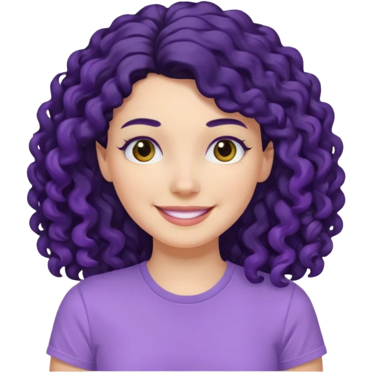 mujer blanca con cabello largo rizado negro sonriendo con camiseta lila emoji