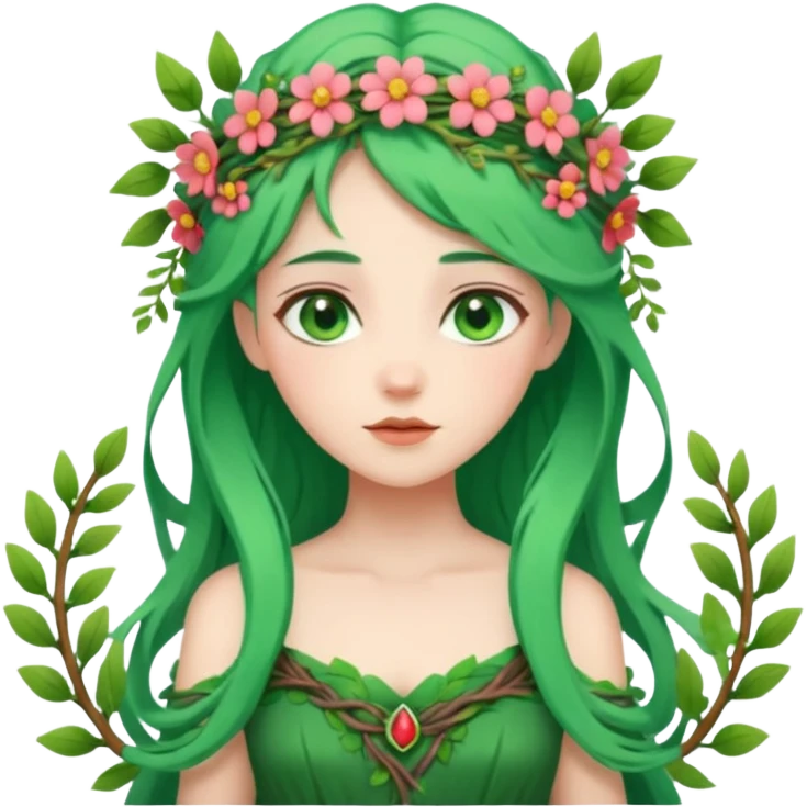 A forest princess with green hair, green eyes, wearing a wreath of flowers and branches emoji