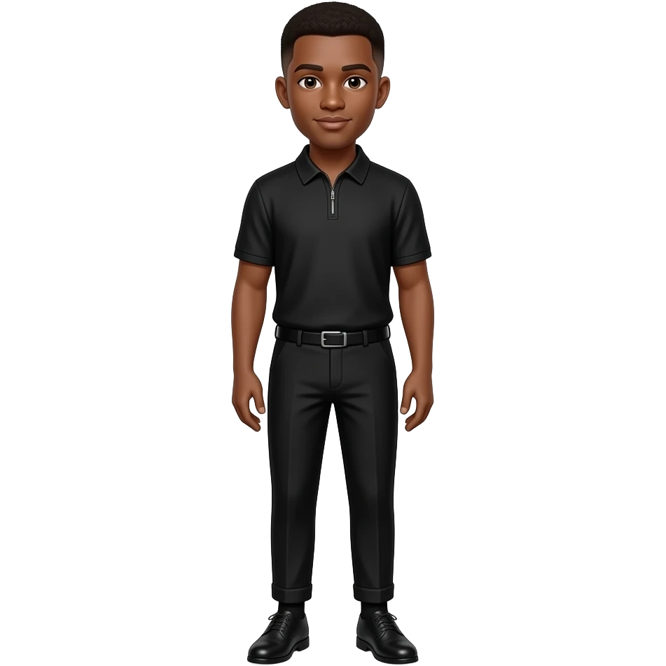 make a black skinned 20 year old man in a brown low taper fade wearing a black quarter zip with super nice black dress pants and black dress shoes and black socks at church emoji