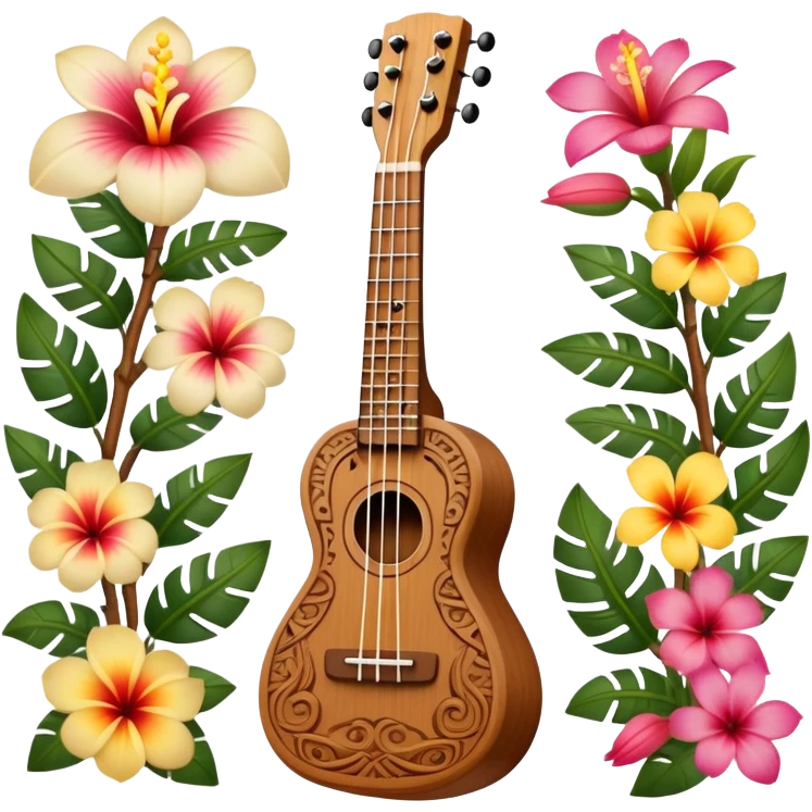 Ukulele with Polynesian carvings with flowers behind it emoji