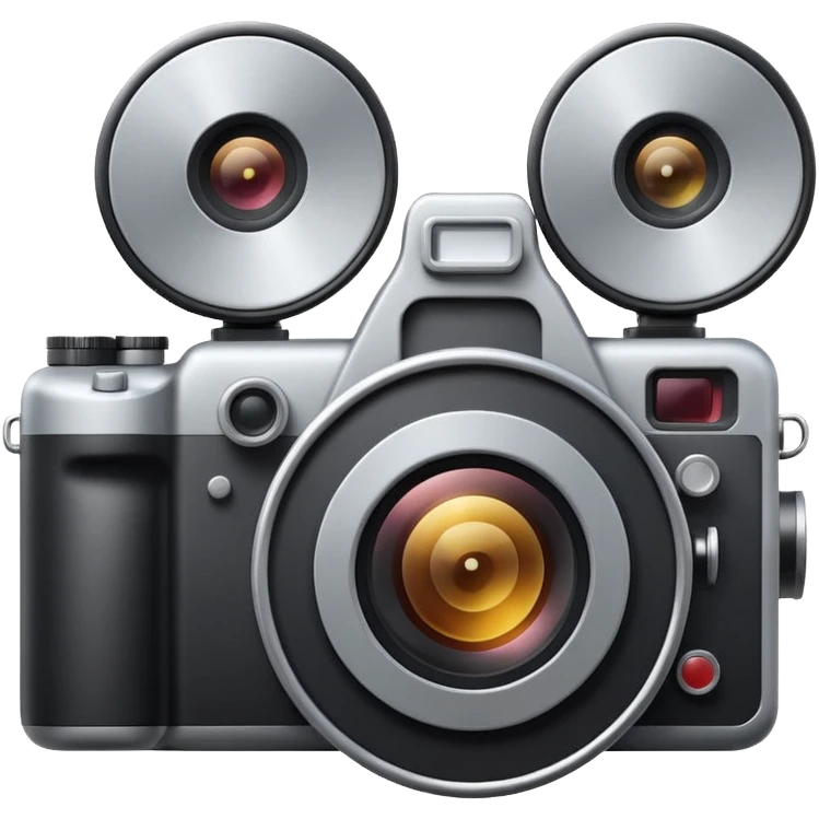 Minimal emoji icon of a huge cinematic metalic camera, front view, realistic lens, no gold emoji
