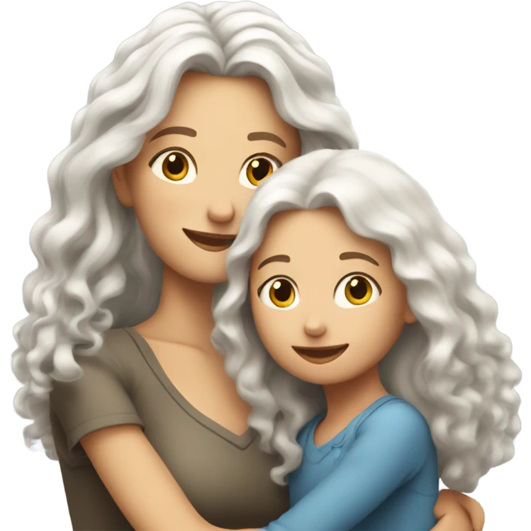 mum with straight long White hair and daughter with long curly hair hugging emoji
