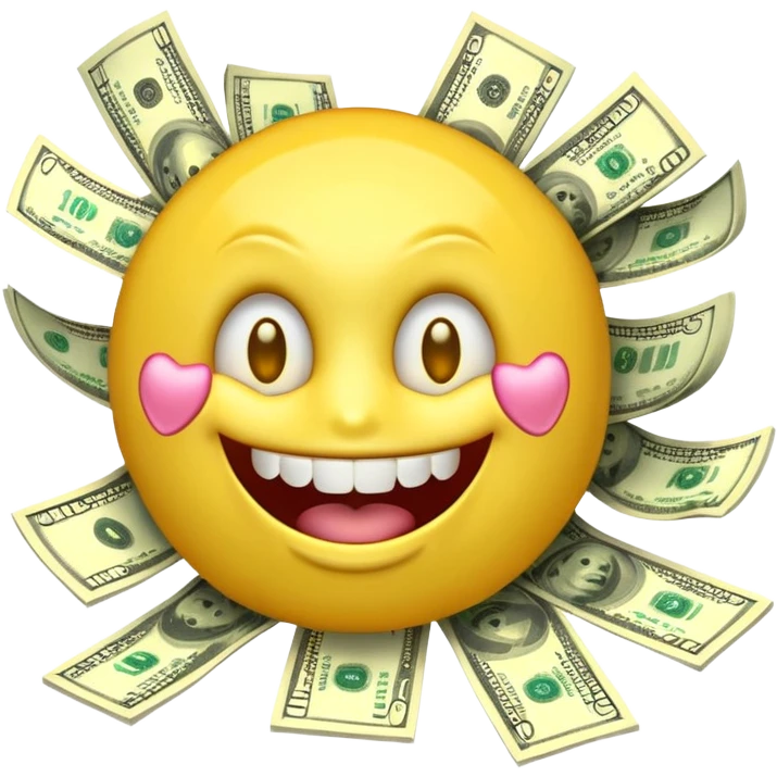 3D glossy emoji sticker, dollar-sign eyes, huge toothy grin, mouth stuffed with US dollar bills spilling out, floating banknotes, centered, transparent background emoji