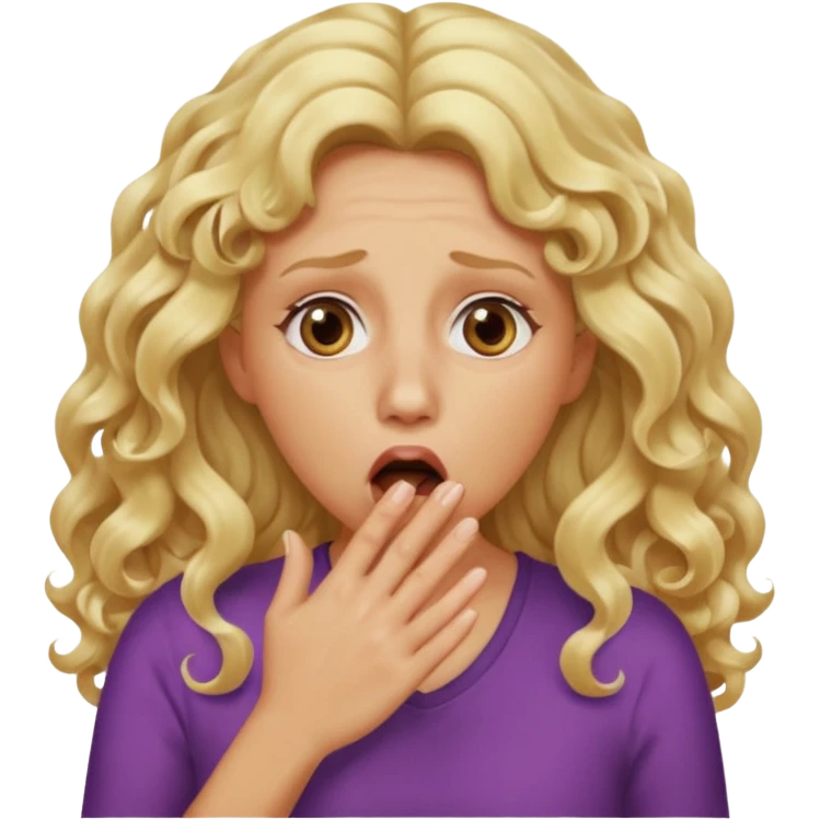 mother with blond long curly hair shocked with hands on her mouth emoji