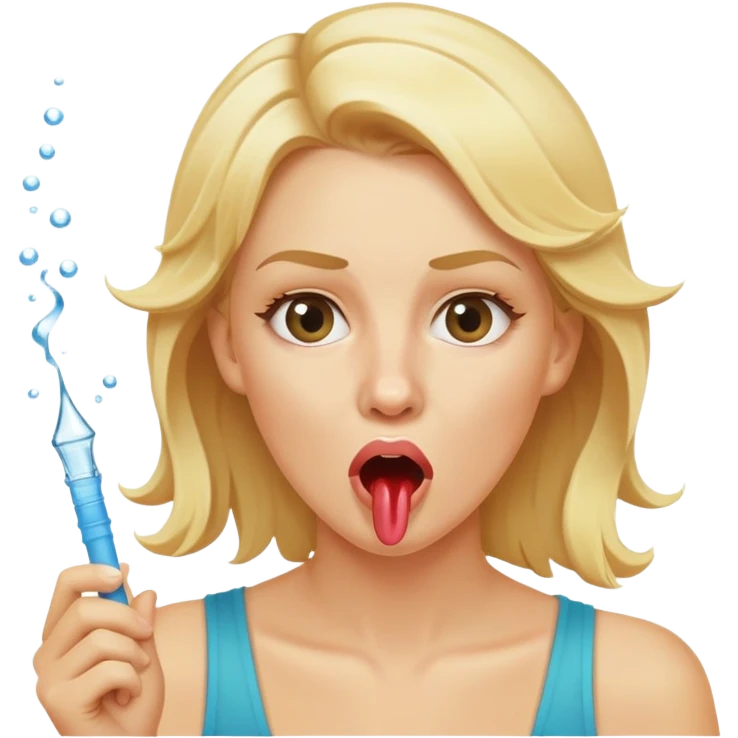 blond woman biting a skin-tone stick, water jet shooting from the stick into her mouth, surprised look emoji
