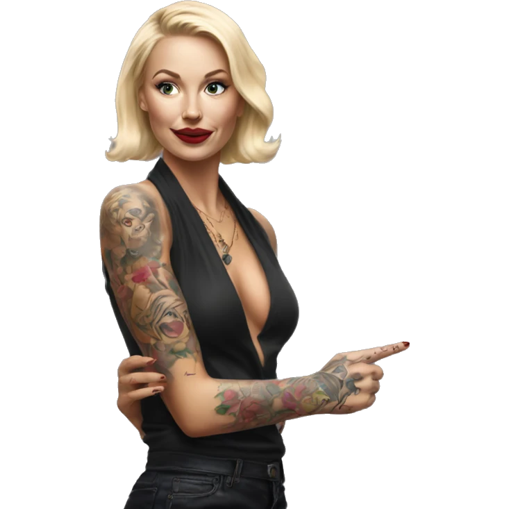 Blonde elegant women, her body covered with tattoos, wine in her one hand, pointing on you with her other hand , Hyper realistic emoji